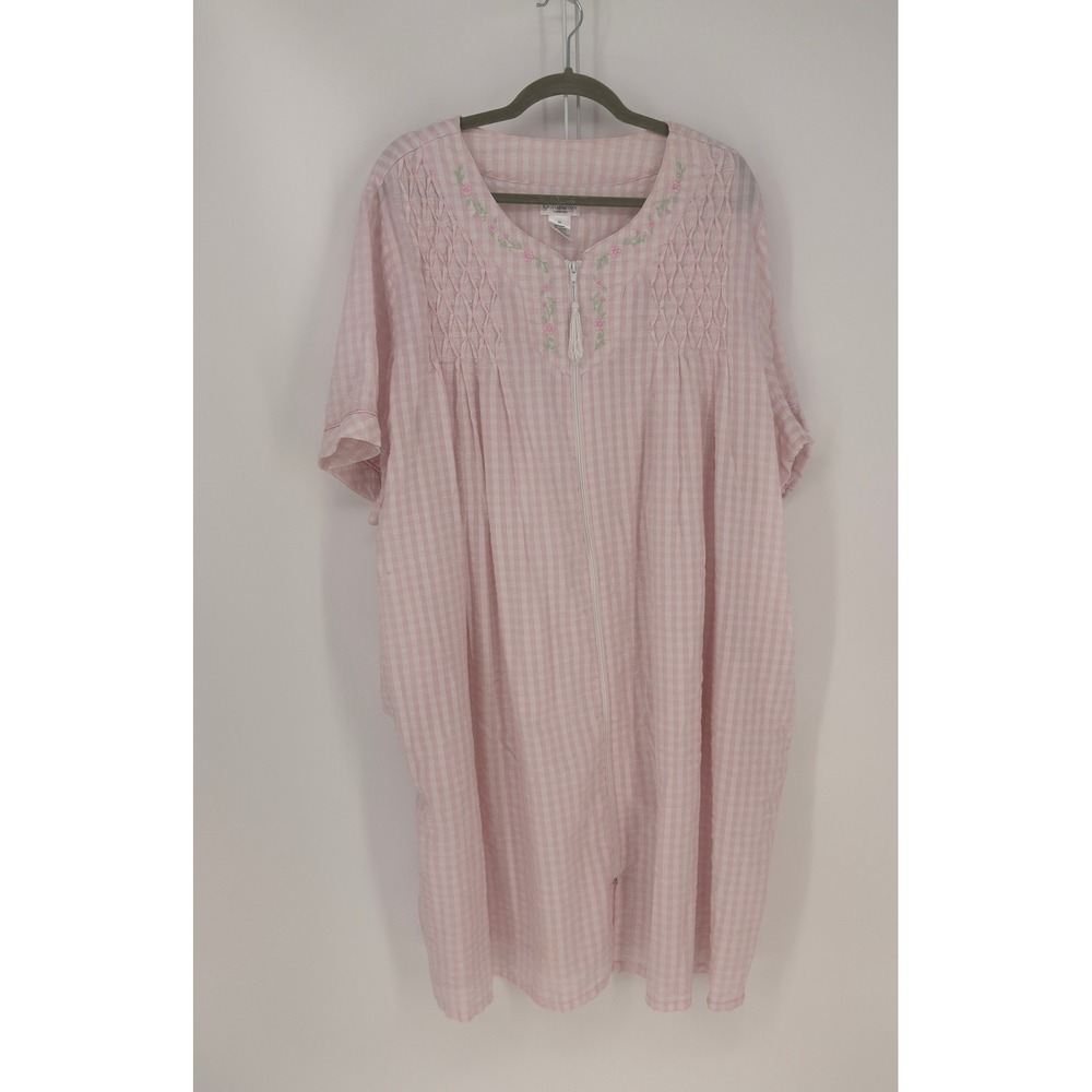 Croft & Barrow Nightgown Womens 3X Pink Gingham Smocked Floral Zip Front Cozy